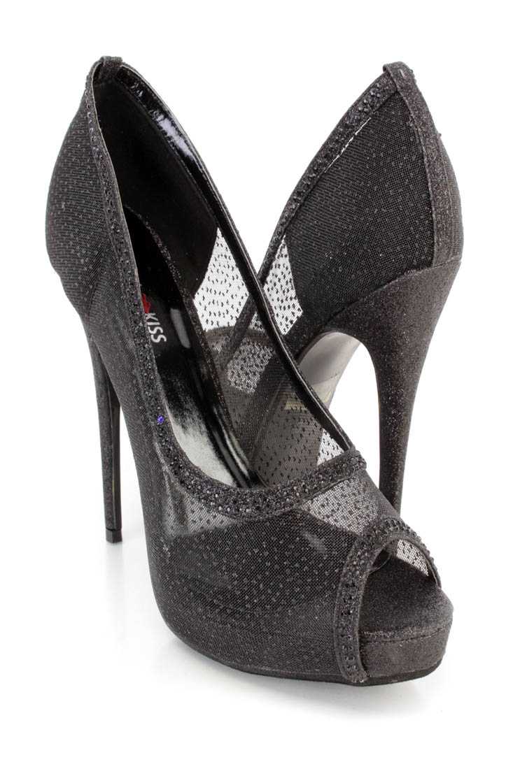 Black Rhinestone Trim Peep Toe Pump Heels Mesh