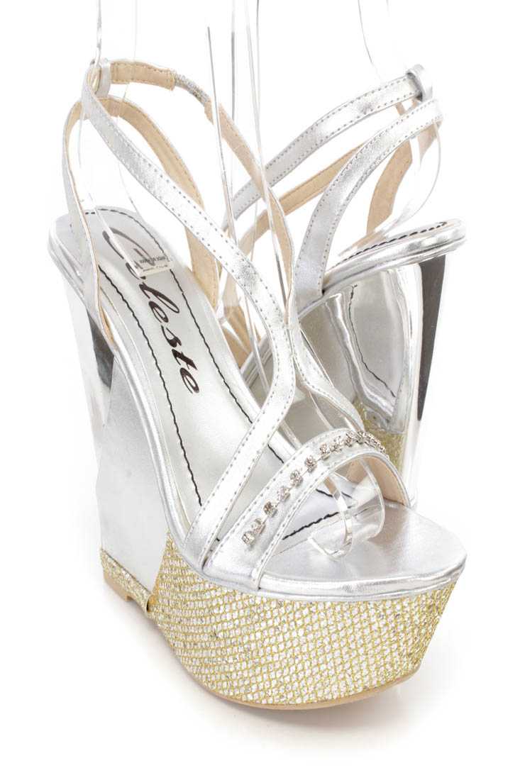Silver Sequin Rhinestone Embellished Wedges Faux Leather