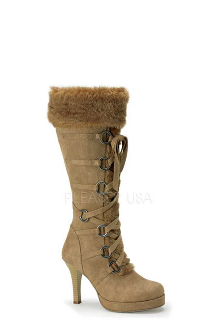 Tan Lace Up Faux Fur Knee High Boots Microfiber