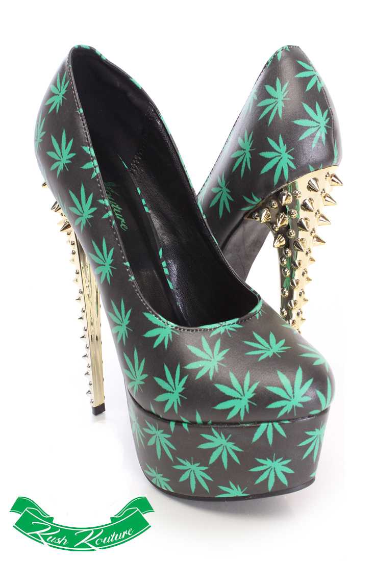 Black Green Herbal Leaf Pump High Heels Faux Leather