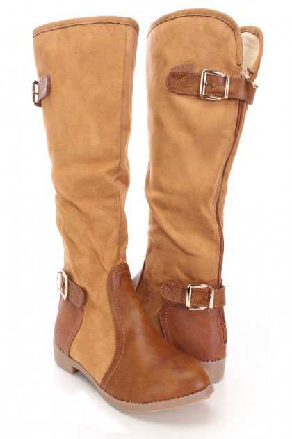 Camel Mid Calf Strappy Boots Faux Suede Leather