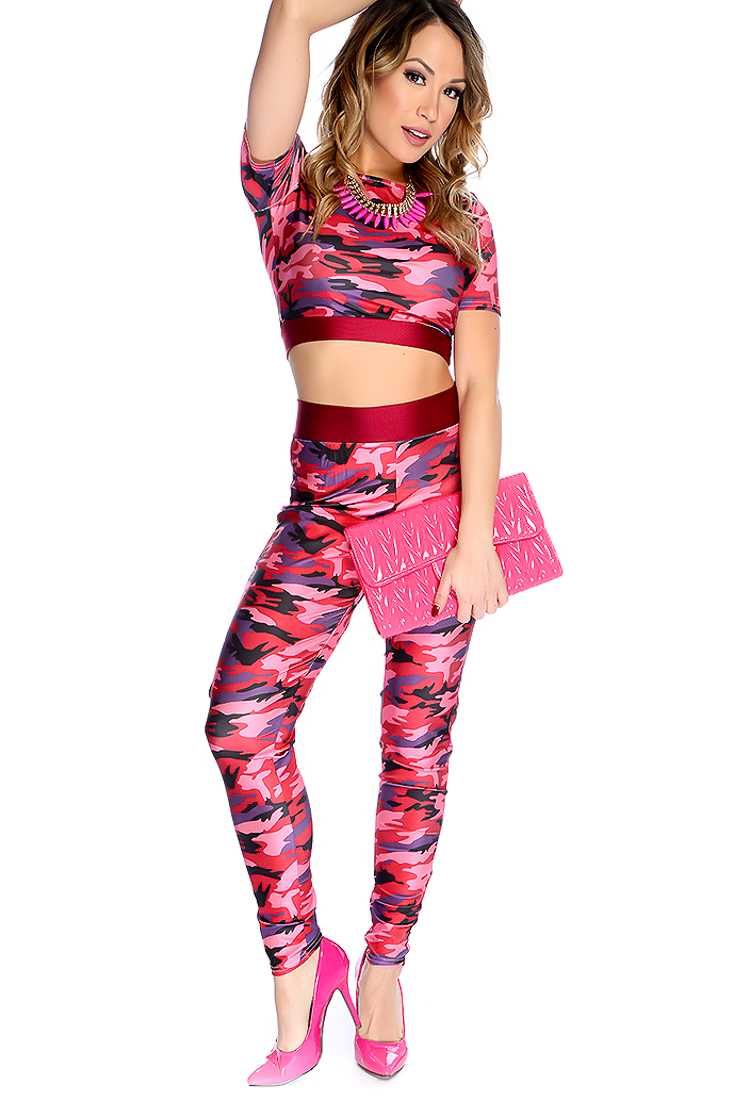 Pink Camoflauge Long Sleeves Two Tone 2 Piece Outfit