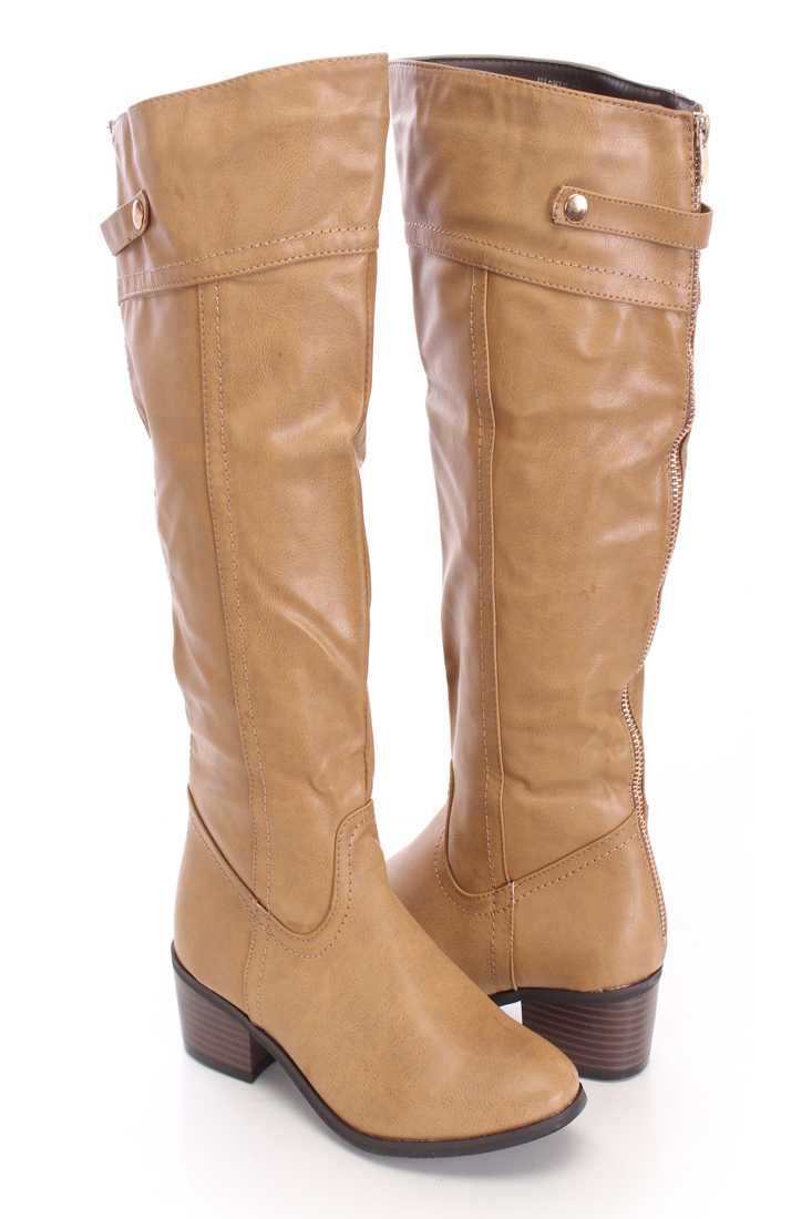 Beige Almond Toe Riding Boots Faux Leather