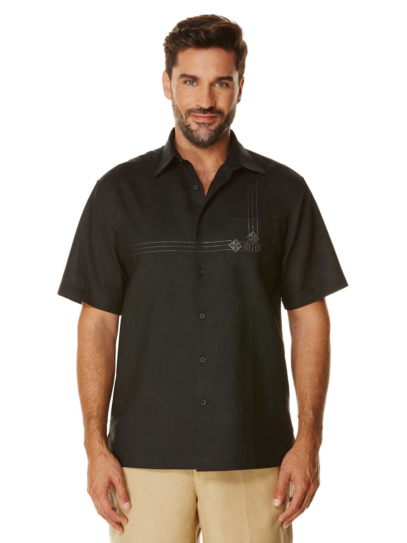 Cubavera Short Sleeve Ramie Cotton Geo Embroidery With Pocket