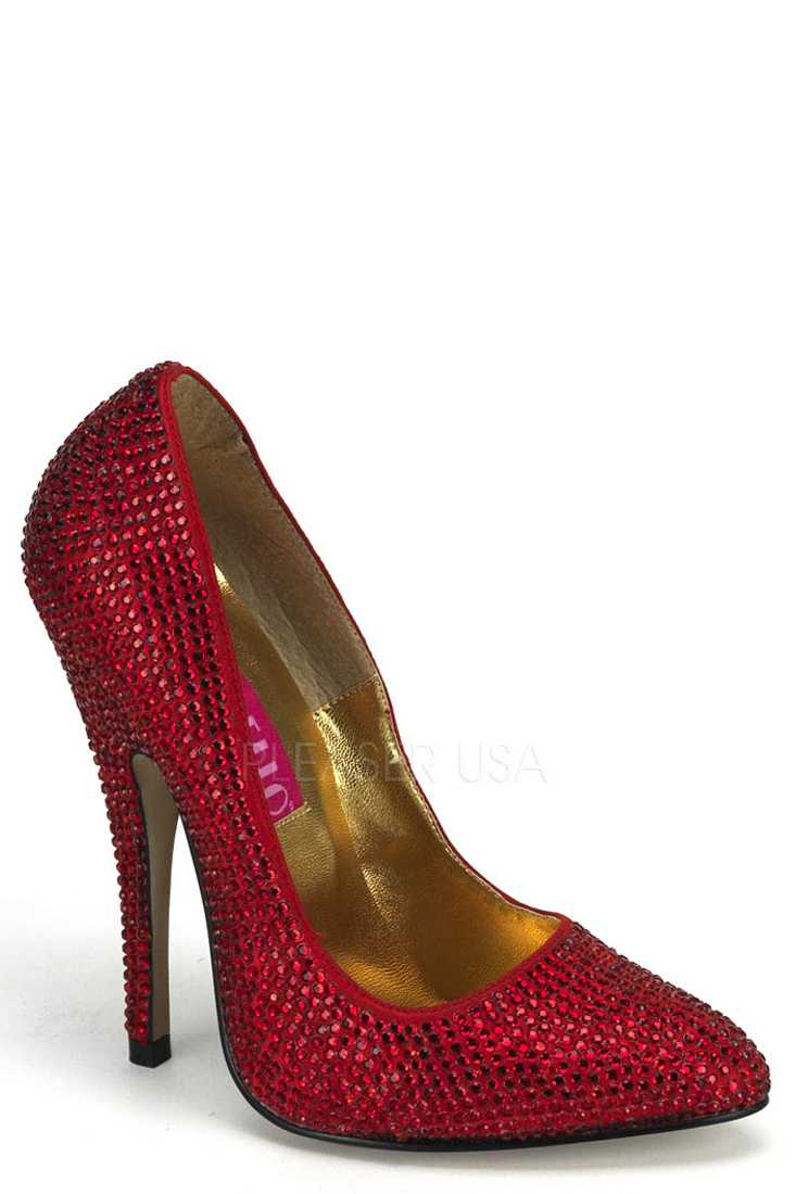 Red Rhinestone Single Sole Pump High Heels Faux Suede