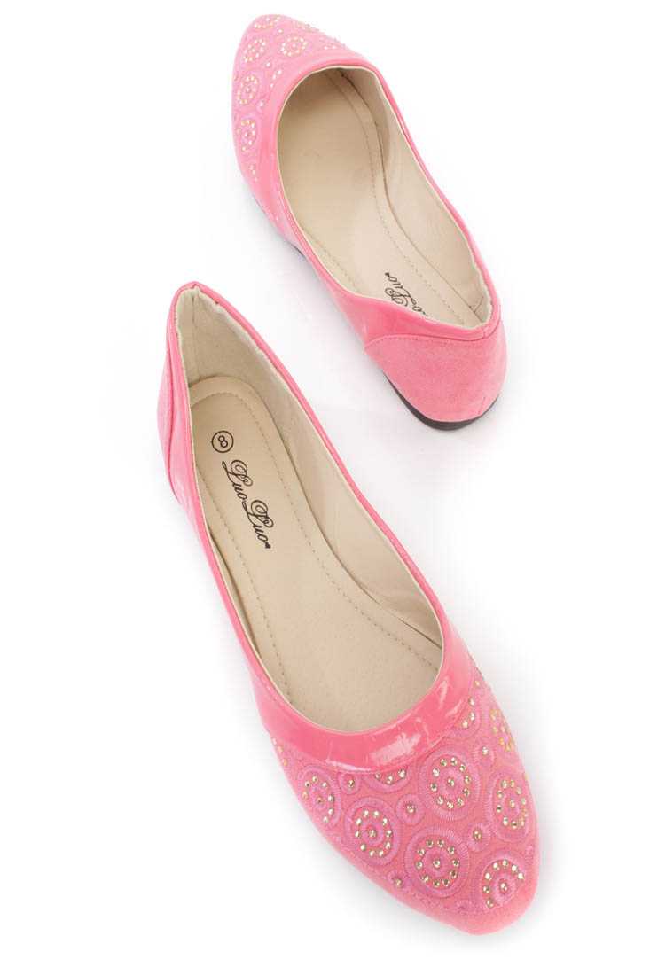 Coral Crochet Rhinestone Detailing Ballerina Flats
