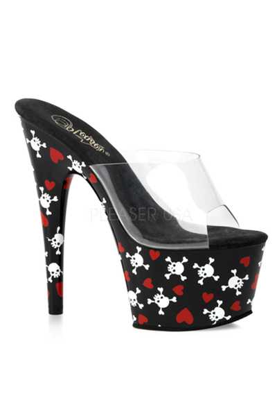 Clear Black Skull Heart Print Platform High Heels