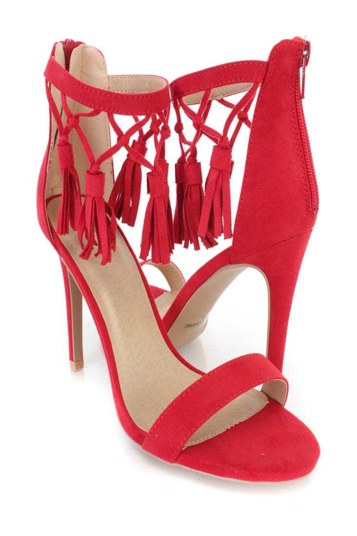 Red Macrame Ankle Strap Single Sole Heels Faux Suede
