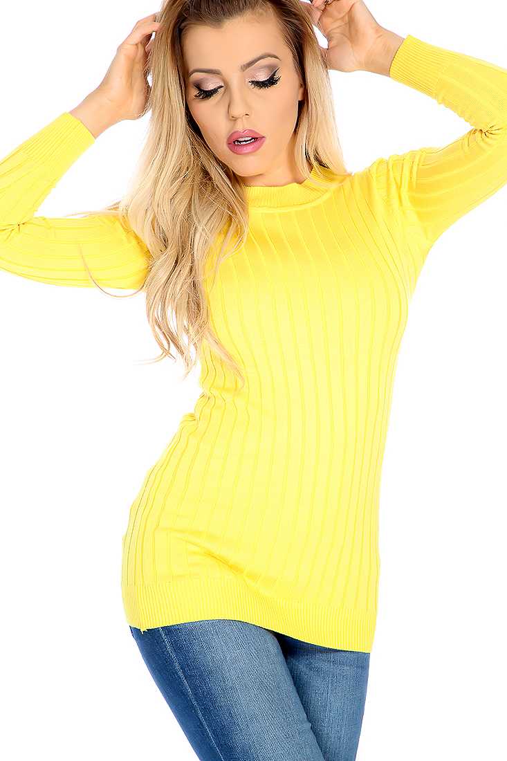 Yellow Long Sleeve Mock Neck Ribbed Causal Top