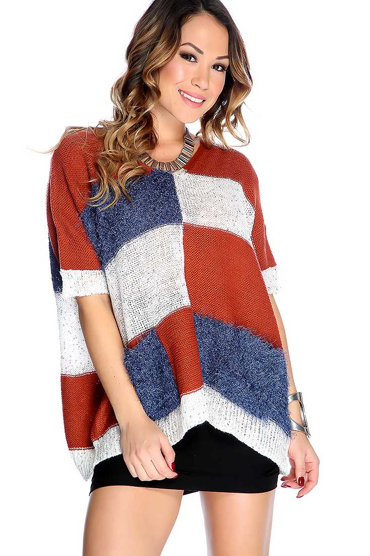 Navy Rust Knitted Colorblock Sweater Top