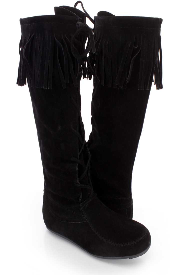Black Fringe Trim Lace Up Moccasin Boots Faux Suede