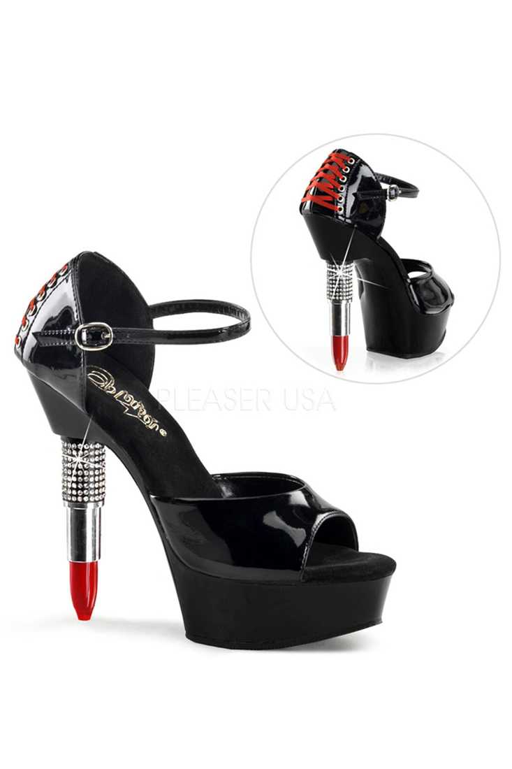 Black Corset Lace Detail Rhinestone Lipstick Platform High Heels Patent