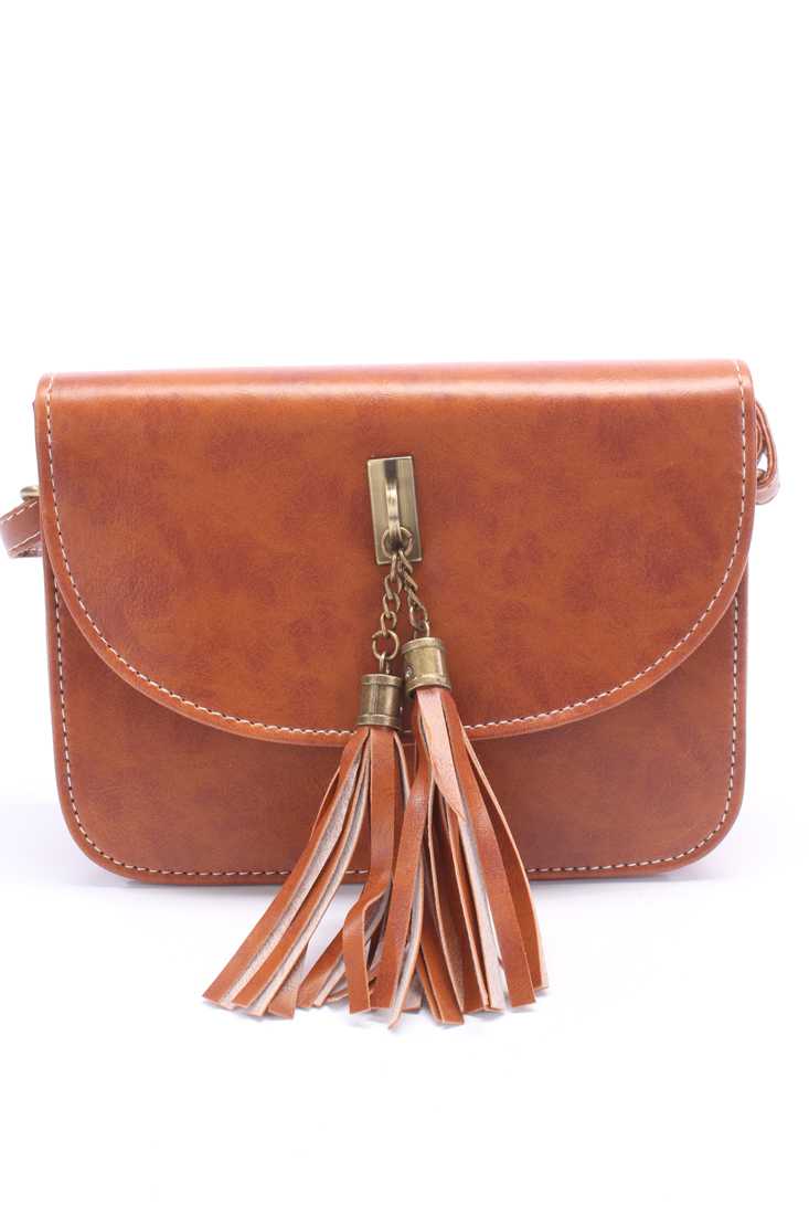 Camel Adjustable Shoulder Strap Tassel Accent Antique Metal Detailing Cute Faux Leather Handbag