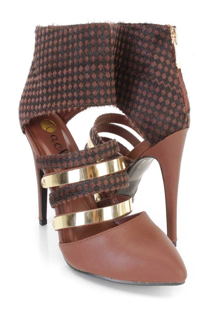 Brown Checker Print Faux Fur Single Sole Heels Faux Leather