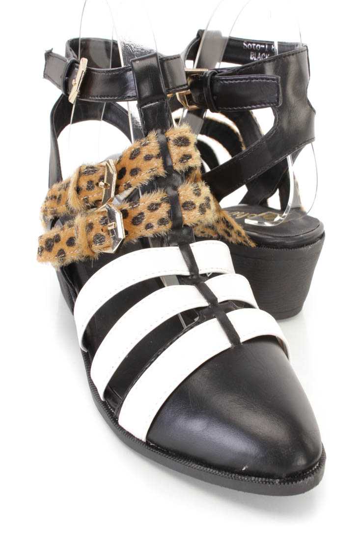 Black White Strappy Animal Buckle Flats Faux Leather