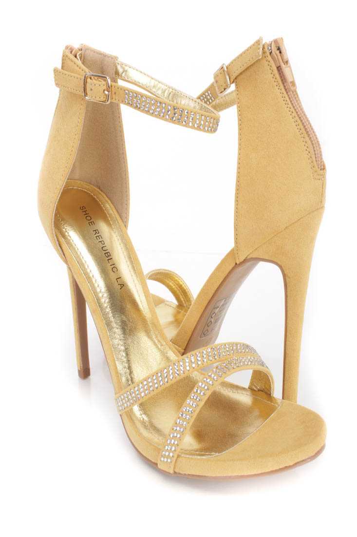 Gold Rhinestone Single Sole High Heels Faux Suede