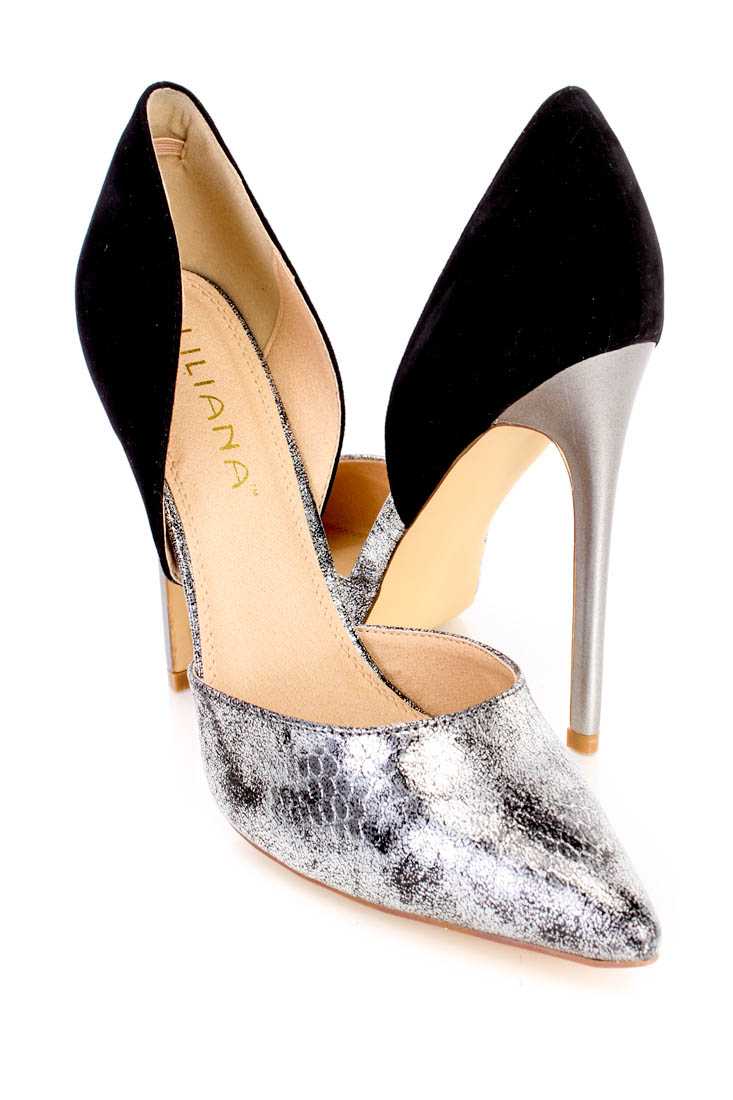 Silver Black Single Sole Pump High Heels Faux Leather