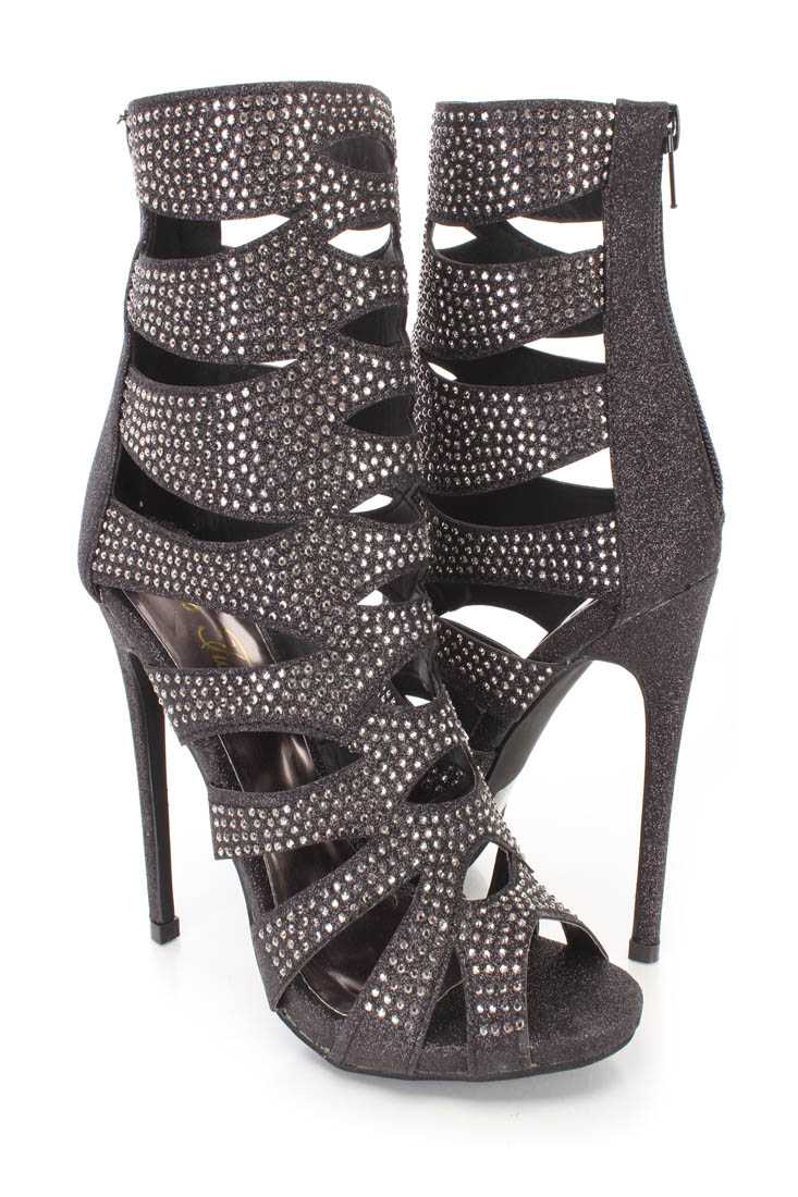 Black Rhinestone Single Sole Booties Glitter