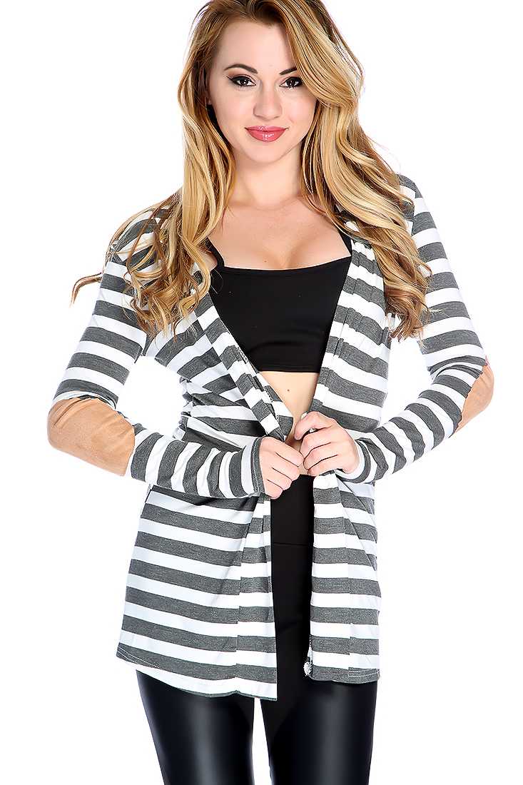 Grey White Striped Open Front Elbow Patch Sweater