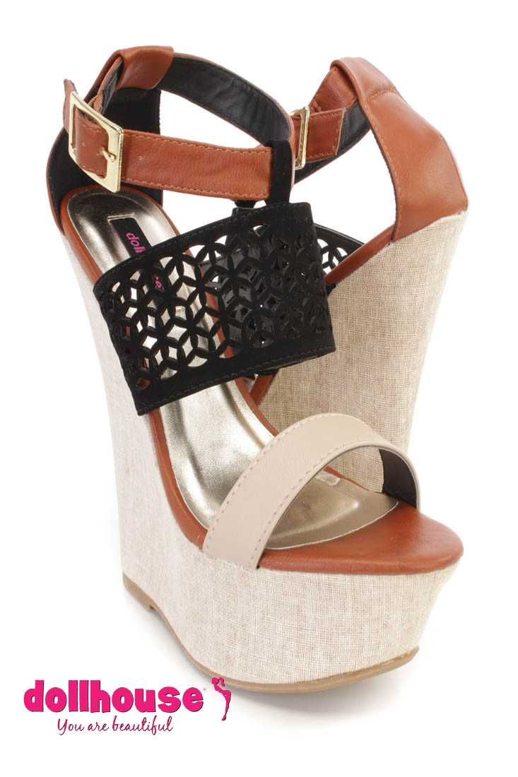 Black Perforated Strappy Platform Wedges Faux Leather