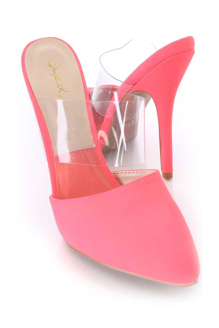 Neon Coral Clear Mid Strap Slip On Single Sole High Heels Nubuck