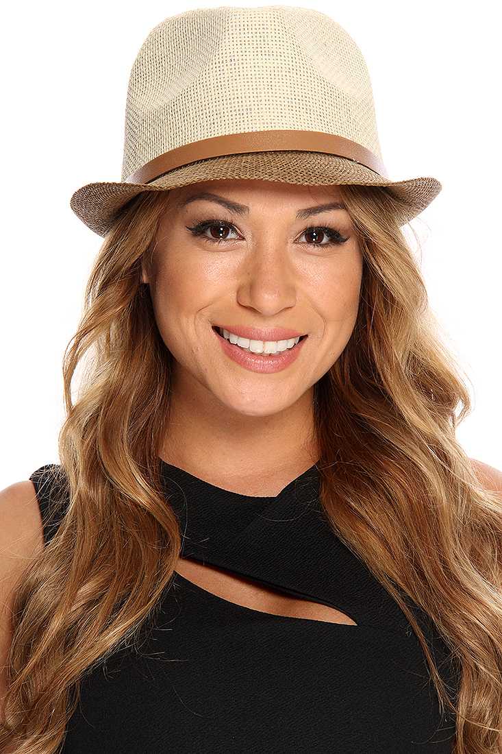 Brown Two Tone Woven Straw Fedora Hat
