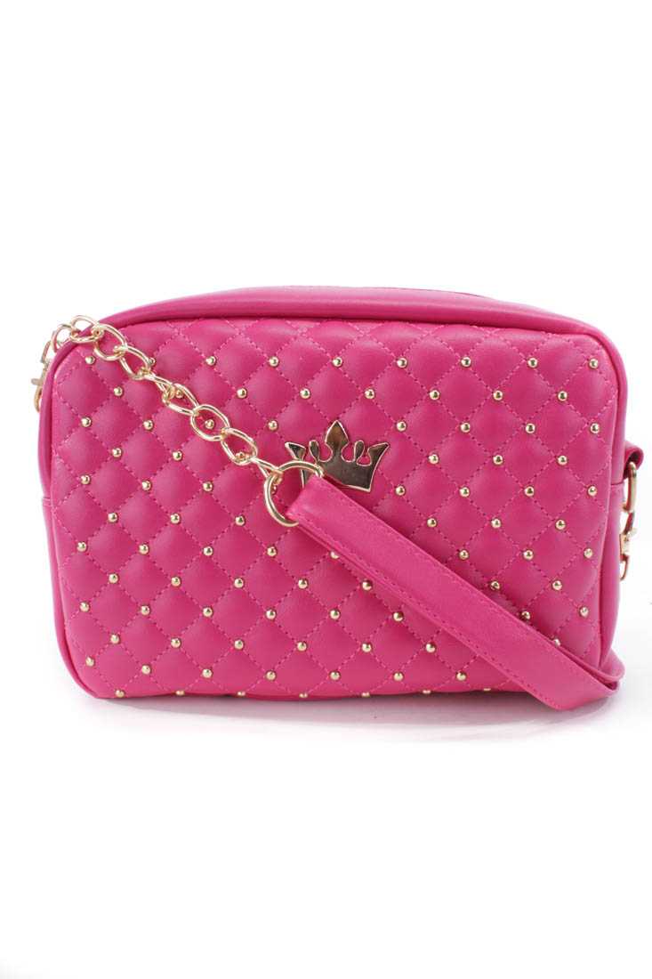 Fuchsia High Polish Crown Accent Studded Textured Handbag