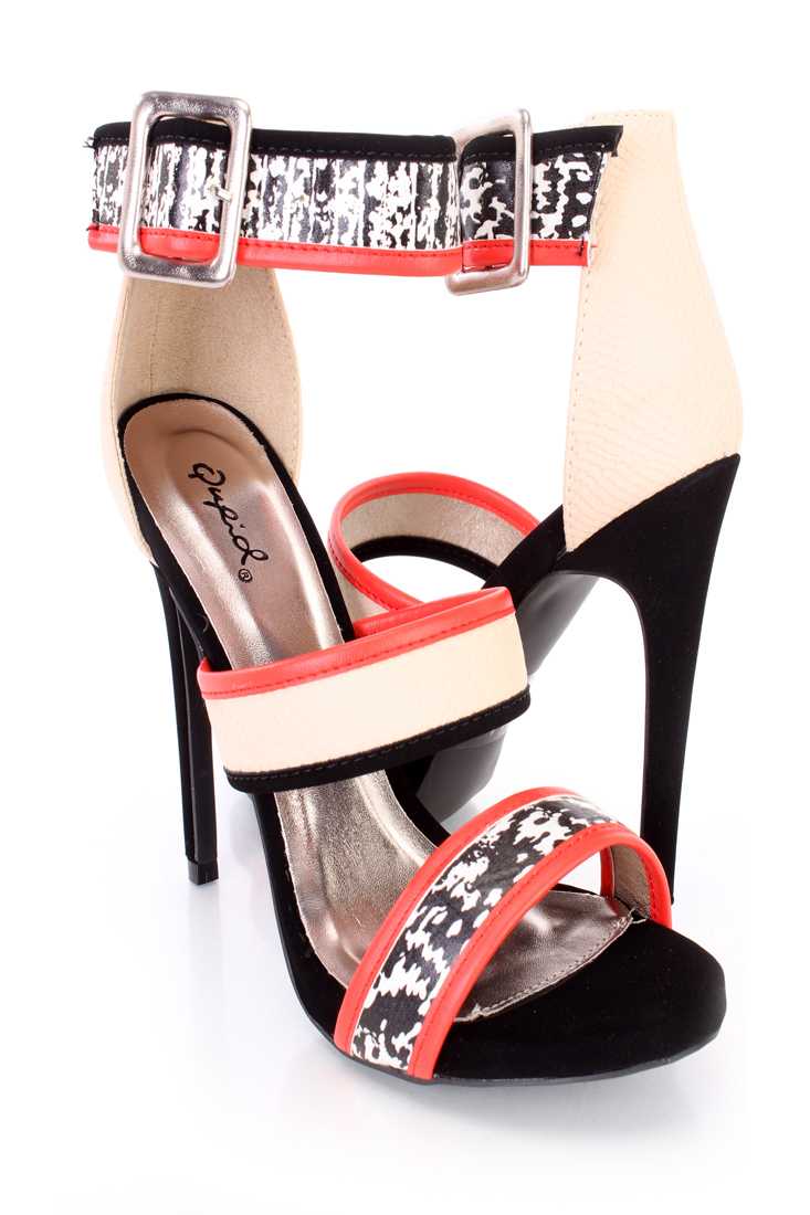 Black White Strappy Single Sole Heels Faux Leather