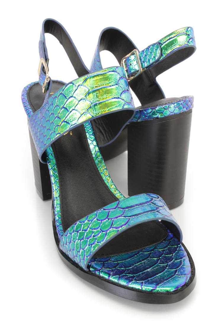 Green Hologram Open Toe Chunky Heel Sandal Heels Patent Faux Leather