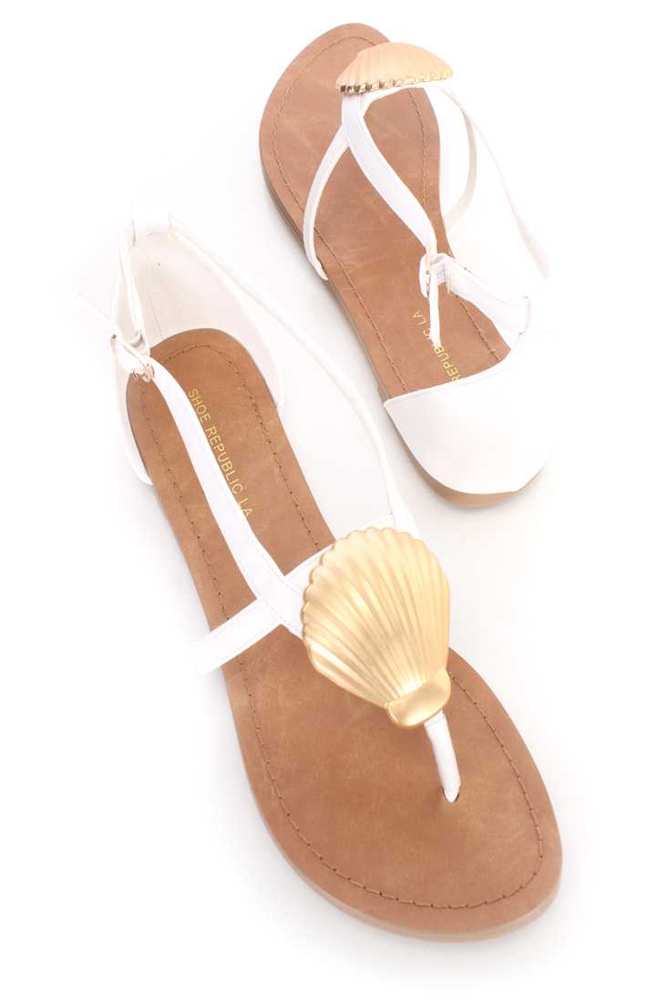 White Metallic Sea Shell Thong Sandals Faux Leather
