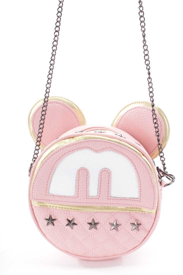 Peach Star Studded Mouse Ear Faux Leather Cross Body Bag