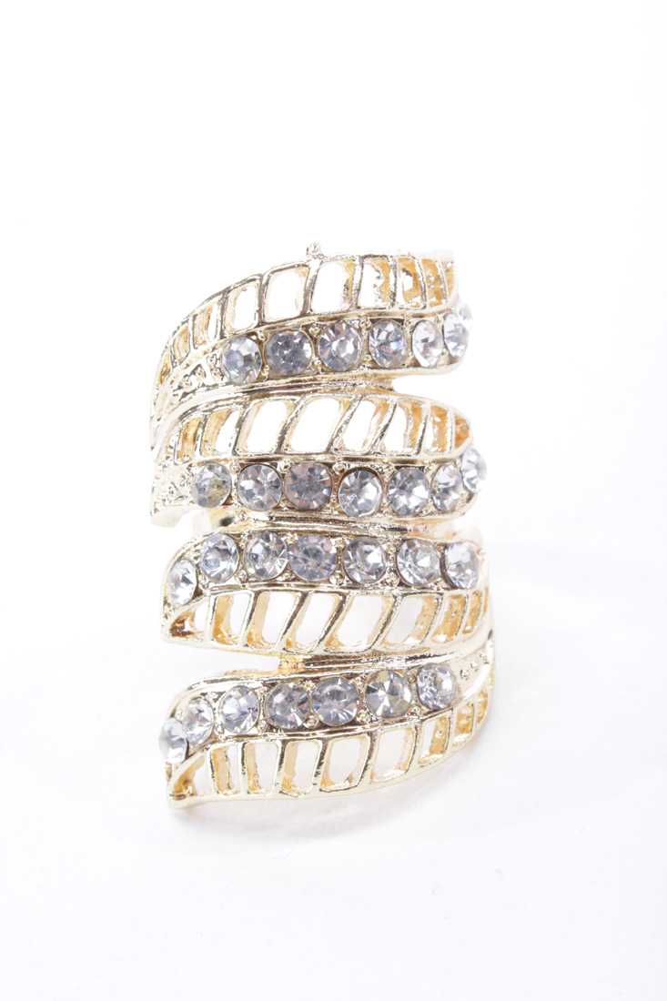 Gold Rhinestone Accent Intricate High Polish Metal Ring