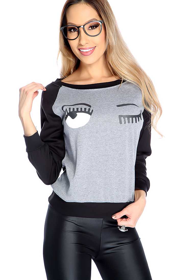 Grey Black Wink Print Long Sleeve Casual Top