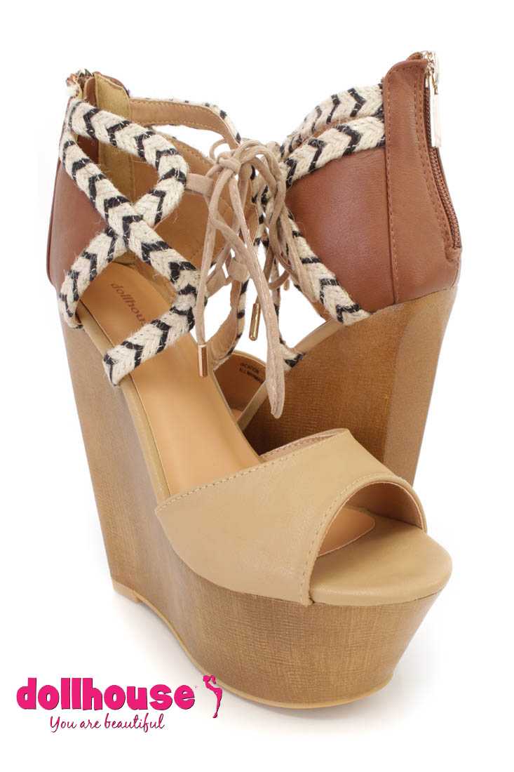 Natural Chestnut Strappy Platform Wedges Faux Leather