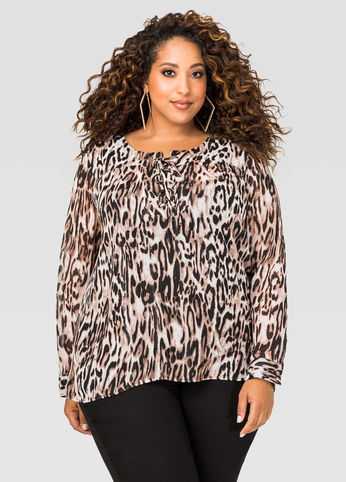 Sheer Printed Lace-Up Blouse