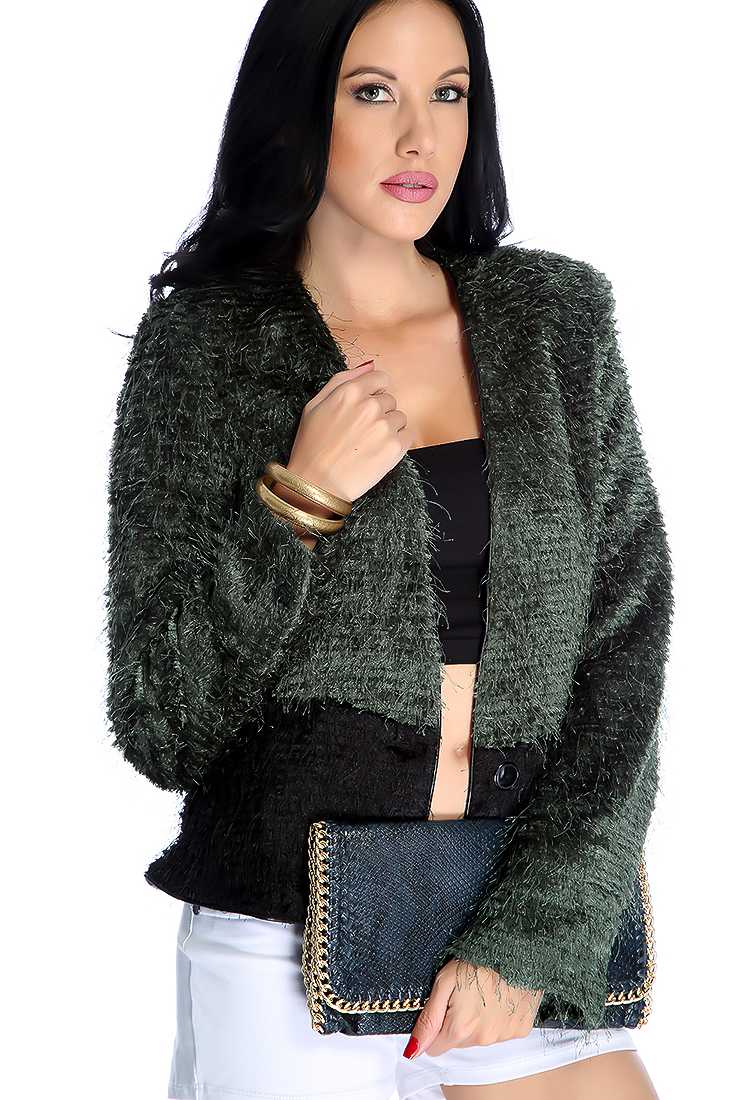 Green Black Two Tone Mohair Open Front Jacket