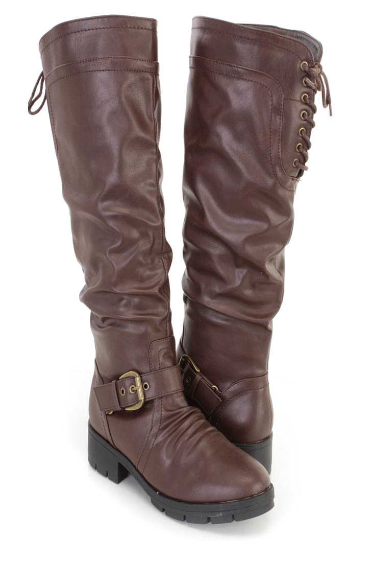 Brown Slouchy Knee High Riding Boots Faux Leather