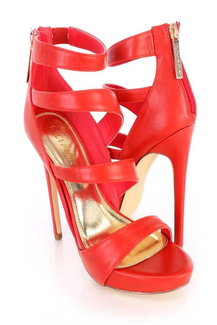 Red Strappy Open Toe High Heels Faux Leather