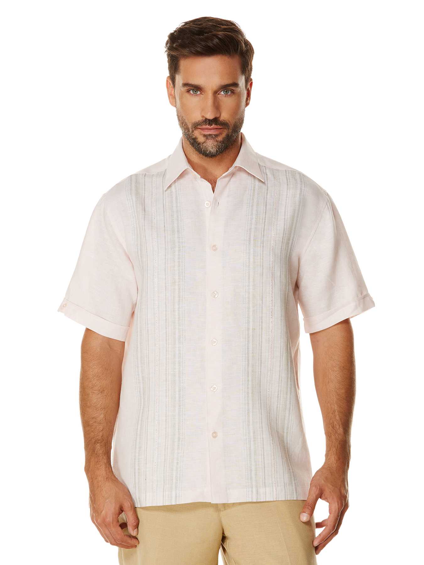 Cubavera 100% Linen Short Sleeve Engineered Panel Shirt
