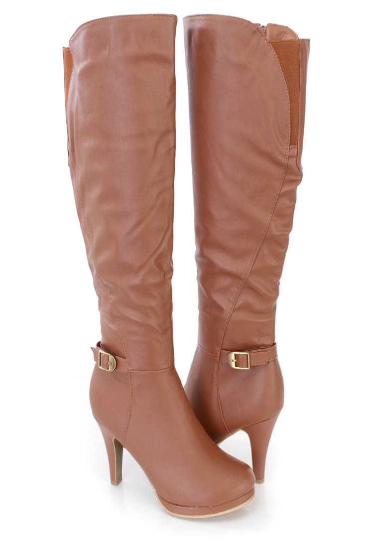 Tan Strappy High Heel Boots Faux Leather