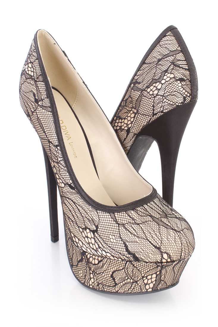 Black Platform Pump 6 Inch High Heels Satin Lace