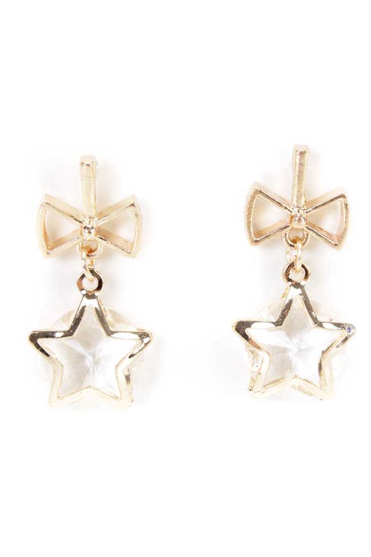 Clear Gold High Polish Star Beaded Bow Earrings