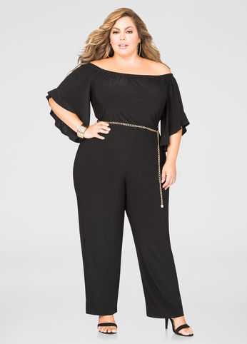 Off-Shoulder Chain Belt Jumpsuit