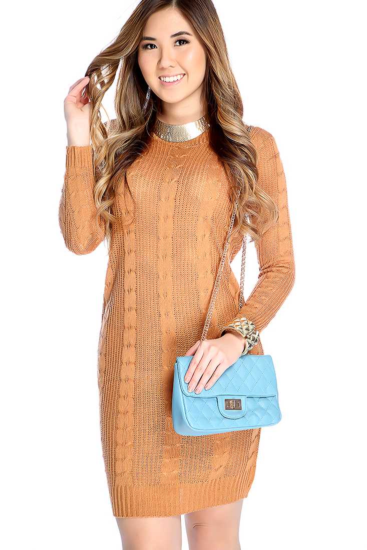 Camel Long Sleeve Open Knit Casual Sweater Dress