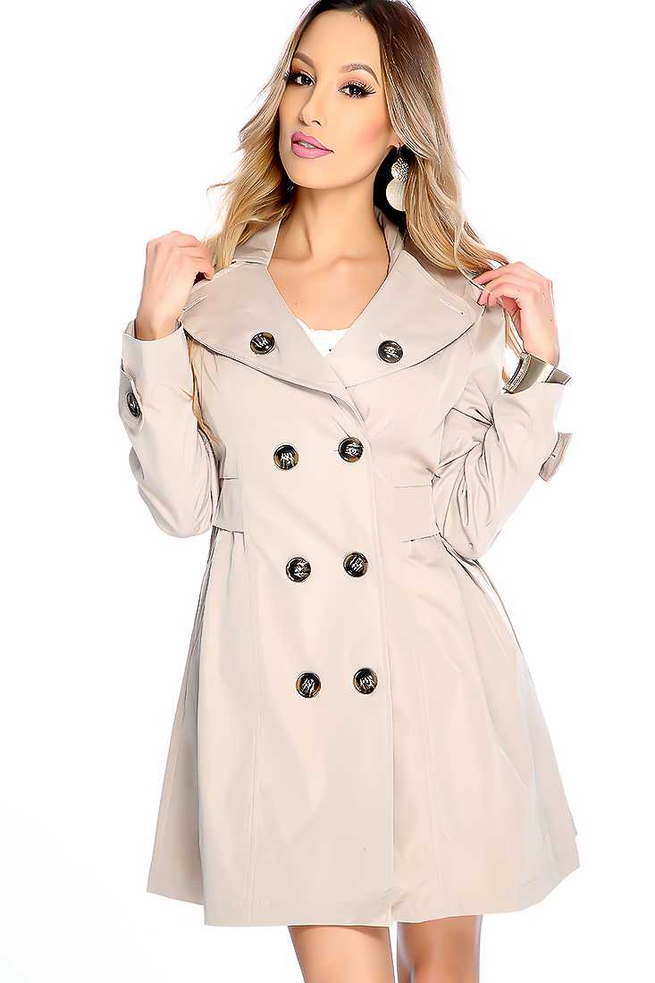 Stylish Beige Long Sleeve Button Detail A Line Coat
