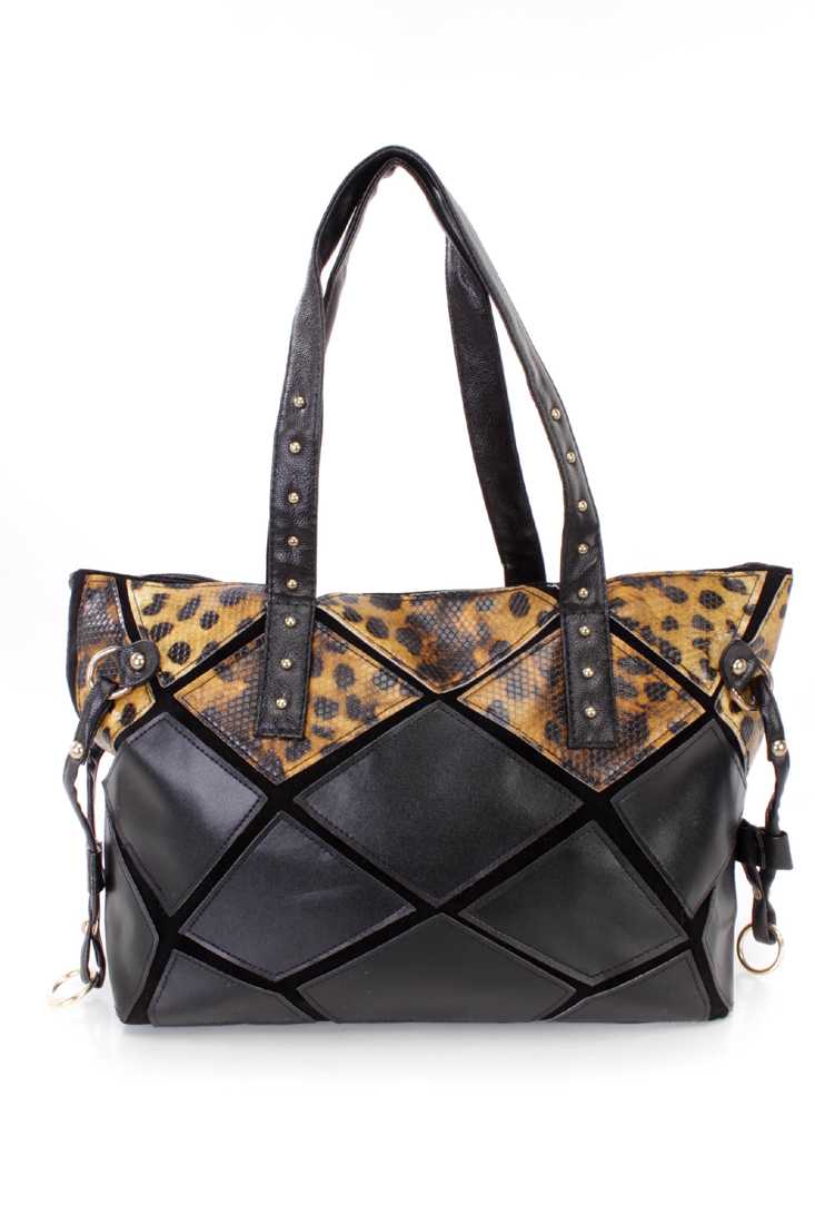 Leopard Black High Polish Metal Accent Faux Leather Tote