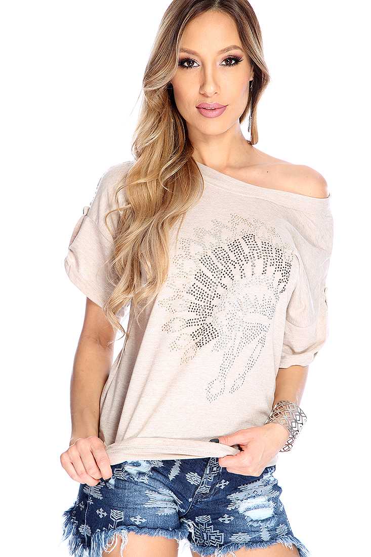 Stylish Beige Short Sleeve Sequence Crotchet Detail Top