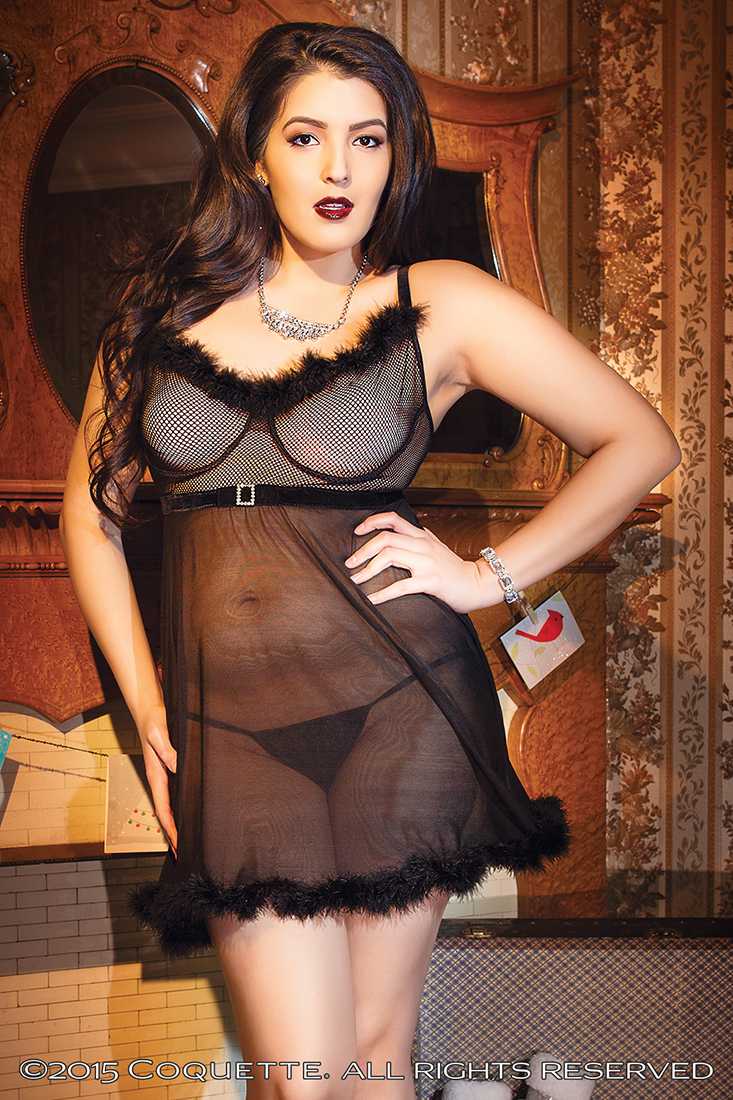 Black Fishnet Faux Fur Trim Babydoll Plus Size