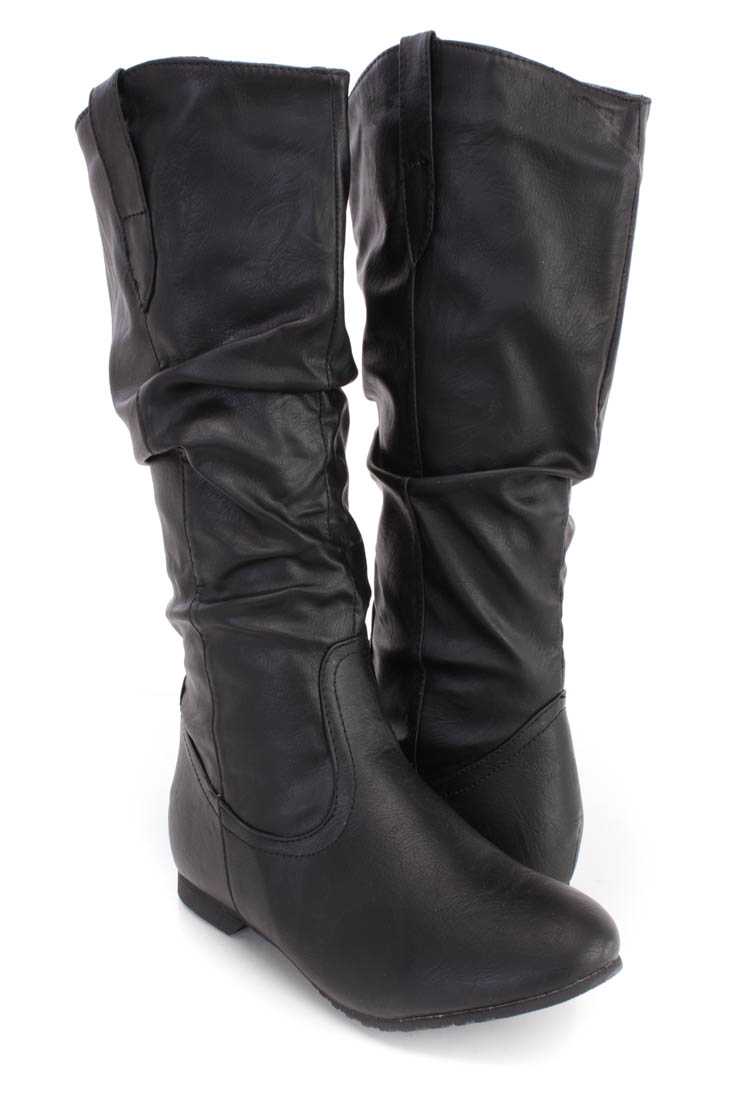 Black Slouchy Mid Calf Riding Boots Faux Leather