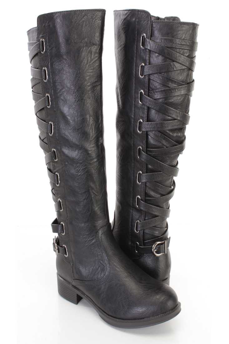 Black Lace Up Shaft Ridding Boots Faux Leather